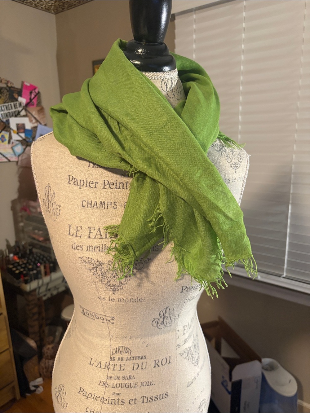 Lightweight Square Green Scarf for Women - Soft Fringe Wrap